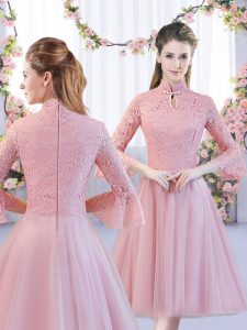 Extravagant 3 4 Length Sleeve Tea Length Lace Zipper Court Dresses for Sweet 16 with Pink