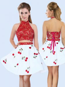 Mini Length White And Red Dama Dress for Quinceanera Halter Top Sleeveless Lace Up
