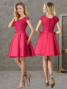 Short Sleeves Mini Length Lace Zipper Damas Dress with Red