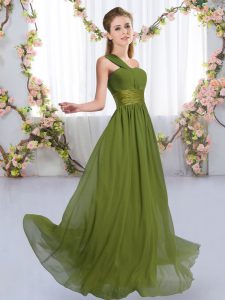 Romantic Olive Green Sleeveless Floor Length Ruching Lace Up Vestidos de Damas