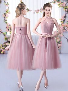 Hot Sale Empire Dama Dress for Quinceanera Pink Halter Top Tulle Sleeveless Tea Length Lace Up