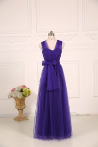 Glamorous Purple Sleeveless Ruching Floor Length Dama Dress