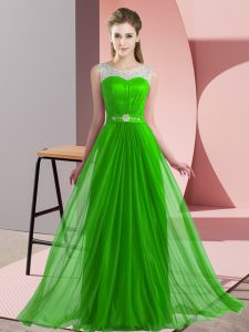 Graceful Green Chiffon Lace Up Scoop Sleeveless Floor Length Damas Dress Beading