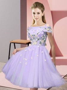 Lavender Tulle Lace Up Court Dresses for Sweet 16 Short Sleeves Knee Length Appliques