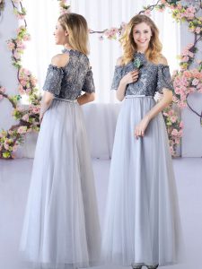 Fashionable Grey Quinceanera Dama Dress Wedding Party with Appliques Off The Shoulder Short Sleeves Zipper