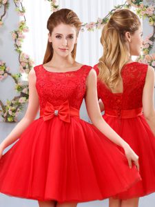 Red Quinceanera Court of Honor Dress Wedding Party with Lace and Bowknot Scoop Sleeveless Lace Up