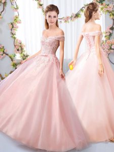 Glorious Pink Quinceanera Court Dresses Wedding Party with Appliques and Belt Off The Shoulder Sleeveless Lace Up