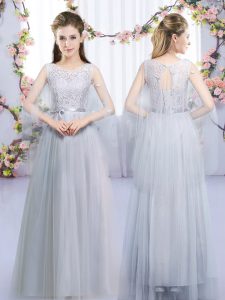 Customized Tulle Sleeveless Floor Length Court Dresses for Sweet 16 and Lace and Belt