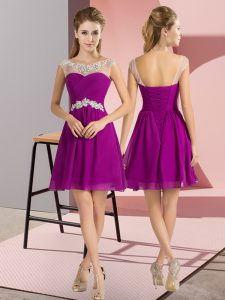Enchanting Purple Empire Beading Quinceanera Dama Dress Lace Up Chiffon Cap Sleeves Mini Length