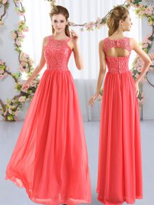 Coral Red Empire Chiffon Scoop Sleeveless Lace Floor Length Zipper Dama Dress for Quinceanera