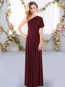 Adorable Ruching Damas Dress Burgundy Criss Cross Sleeveless Floor Length