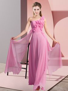 Rose Pink Sleeveless Floor Length Hand Made Flower Lace Up Quinceanera Court Dresses