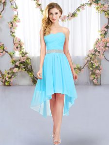 High Low Lace Up Court Dresses for Sweet 16 Aqua Blue for Wedding Party with Belt