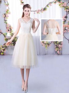 Lace Quinceanera Court of Honor Dress Champagne Lace Up Sleeveless Tea Length