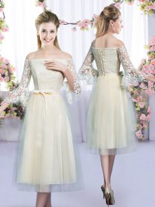 Tulle Off The Shoulder 3 4 Length Sleeve Lace Up Lace and Bowknot Quinceanera Court of Honor Dress in Champagne