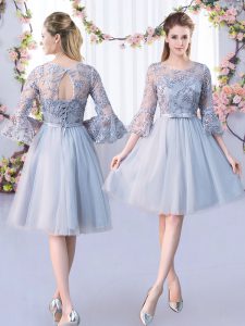 Grey 3 4 Length Sleeve Tulle Lace Up Quinceanera Court Dresses for Wedding Party