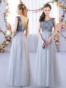 Latest Tulle Scoop Sleeveless Lace Up Appliques Quinceanera Court Dresses in Grey