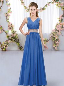 Chic Floor Length Blue Dama Dress for Quinceanera V-neck Sleeveless Lace Up