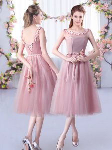 Discount Pink Tulle Lace Up Scoop Sleeveless Tea Length Dama Dress for Quinceanera Appliques and Belt