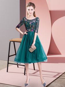 High End Teal Lace Up Quinceanera Court Dresses Embroidery Half Sleeves Knee Length