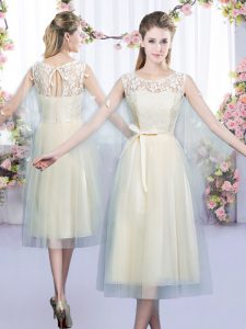 Dazzling Champagne Vestidos de Damas Wedding Party with Lace and Belt Scoop Sleeveless Lace Up