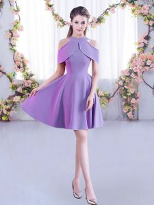 Fantastic High-neck Short Sleeves Vestidos de Damas Mini Length Ruching Lavender Chiffon