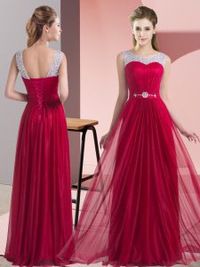 Wine Red Sleeveless Floor Length Beading and Belt Lace Up Dama Dress