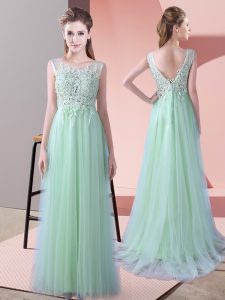 Fabulous Scoop Sleeveless Damas Dress Brush Train Beading and Lace Apple Green Tulle