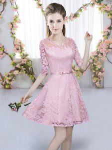 Unique Pink Quinceanera Court Dresses Prom and Party with Belt V-neck Half Sleeves Zipper