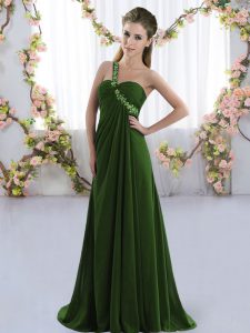 Fancy Olive Green Damas Dress Prom and Party and Wedding Party with Beading One Shoulder Sleeveless Brush Train Lace Up