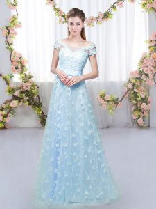 Customized Off The Shoulder Cap Sleeves Quinceanera Court Dresses Floor Length Appliques Blue Tulle