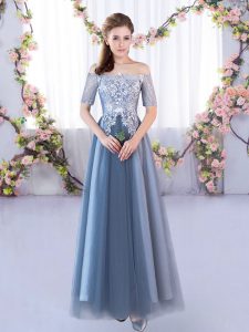 Floor Length Lace Up Vestidos de Damas Blue for Prom and Party and Wedding Party with Lace