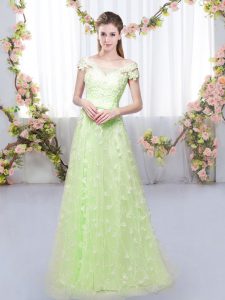Discount Yellow Green Off The Shoulder Lace Up Appliques Damas Dress Cap Sleeves