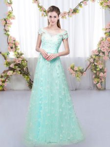 High Quality Apple Green Empire Tulle Off The Shoulder Cap Sleeves Appliques Floor Length Lace Up Dama Dress