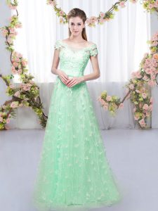 Noble Apple Green Empire Appliques Quinceanera Dama Dress Lace Up Tulle Cap Sleeves Floor Length
