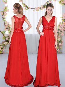 Adorable Floor Length Red Quinceanera Court Dresses Chiffon Sleeveless Beading and Appliques