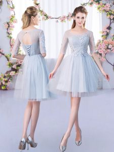 Mini Length A-line Half Sleeves Grey Quinceanera Dama Dress Lace Up