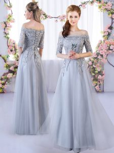 Luxurious Half Sleeves Floor Length Appliques Lace Up Quinceanera Court of Honor Dress with Grey