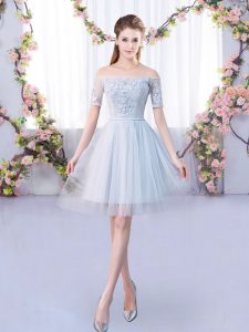 Off The Shoulder Short Sleeves Damas Dress Mini Length Lace Grey Tulle