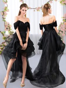 Fabulous Black Tulle Lace Up Quinceanera Dama Dress Short Sleeves High Low Lace and Ruffled Layers