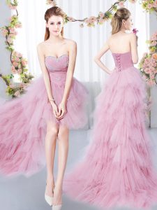 Sweetheart Sleeveless Tulle Dama Dress for Quinceanera Beading and Ruffles Lace Up