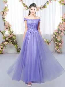 Empire Quinceanera Court of Honor Dress Lavender Off The Shoulder Tulle Sleeveless Floor Length Lace Up