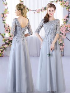 Grey Tulle Lace Up Quinceanera Dama Dress Half Sleeves Floor Length Lace