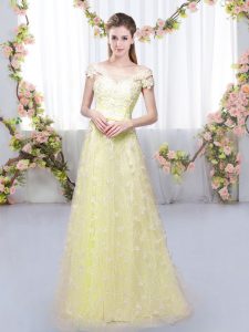 Floor Length Light Yellow Dama Dress for Quinceanera Off The Shoulder Cap Sleeves Lace Up