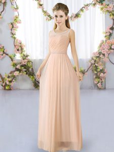 Affordable Peach Sleeveless Floor Length Belt Lace Up Vestidos de Damas