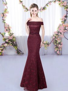 Fashionable Burgundy Sleeveless Floor Length Lace Lace Up Dama Dress for Quinceanera