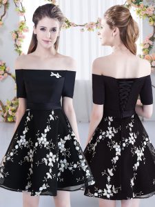 Black Damas Dress Prom and Party and Wedding Party with Appliques Off The Shoulder Short Sleeves Lace Up