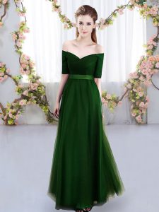 Green Empire Tulle Off The Shoulder Short Sleeves Ruching Floor Length Lace Up Dama Dress