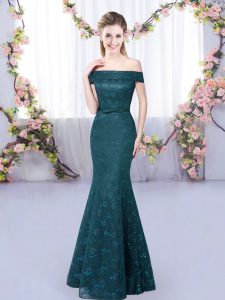 Charming Off The Shoulder Sleeveless Dama Dress Floor Length Lace Peacock Green