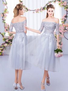 Low Price Half Sleeves Tulle Tea Length Zipper Quinceanera Dama Dress in Grey with Lace